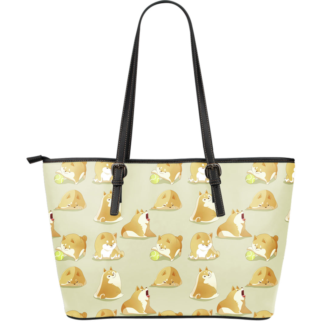 Cute Fat Shiba Inu Dog Pattern Large Leather Tote Bag