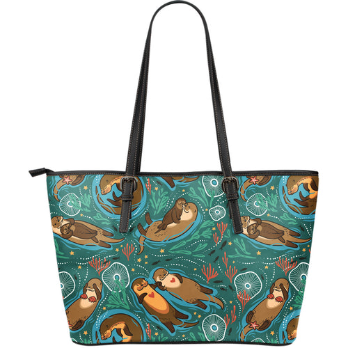 Cute Brown Sea Otters Ornamental Seaweed Corals Green Water Large Leather Tote Bag