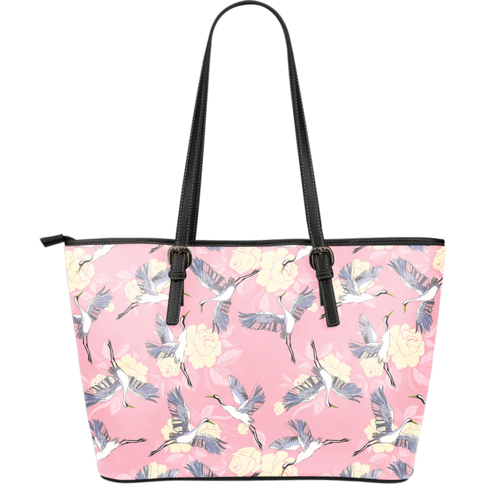 Japanese Crane Rose Pattern Large Leather Tote Bag