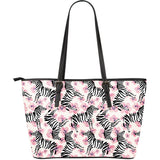 Zebra Pink Flower Background Large Leather Tote Bag
