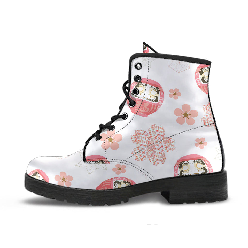 Daruma Japanese Wooden Doll Cherry Blossom Flower Pattern Leather Boots