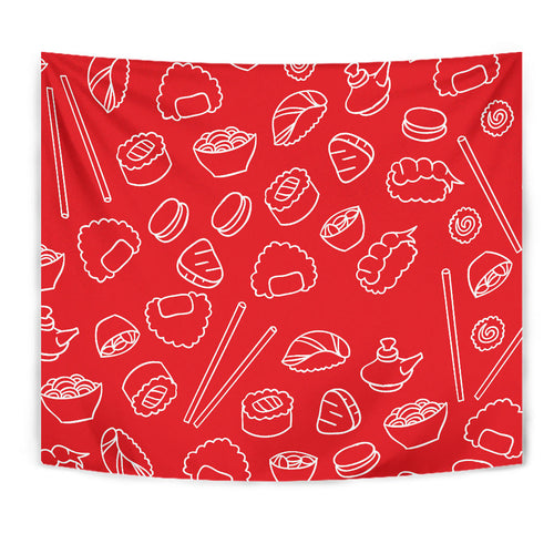 Sushi Pattern Red Background Wall Tapestry