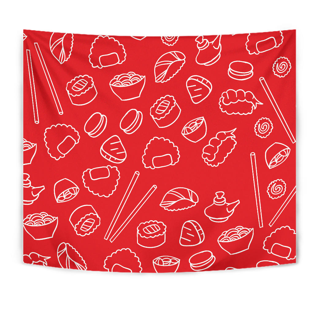 Sushi Pattern Red Background Wall Tapestry