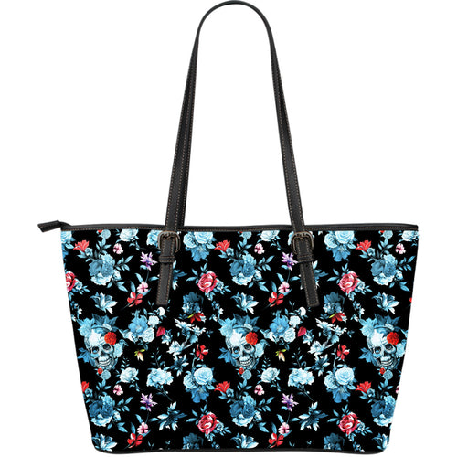 Skull Flower Roses Leave Pattern Large Leather Tote Bag