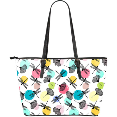Dragonflies Ginkgo Leaves Pattern Large Leather Tote Bag