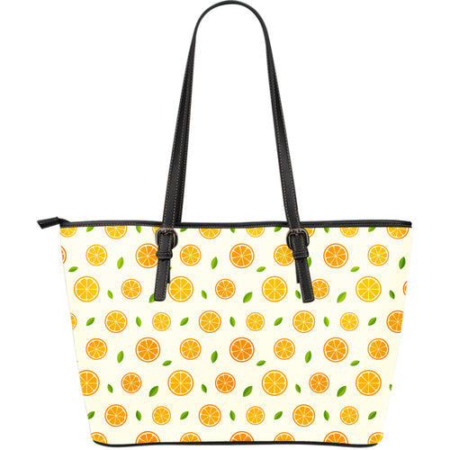 Oranges Leaves Pattern Large Leather Tote Bag