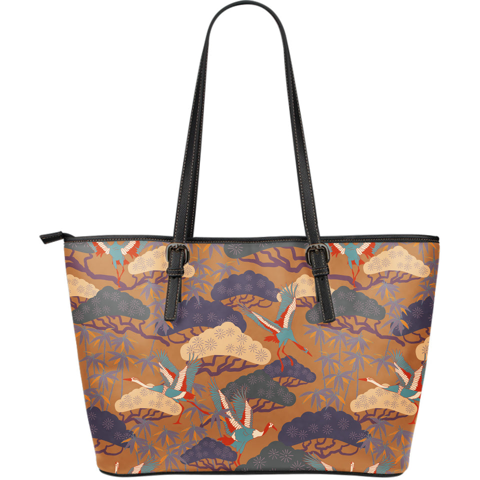 Bonsai Bamboo Stork Japanese Pattern Brown Theme Large Leather Tote Bag