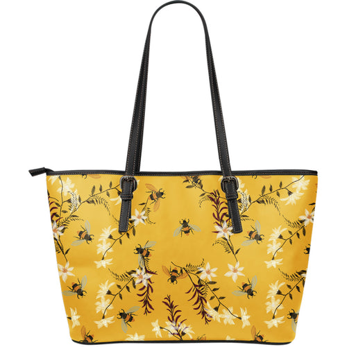 Bee Flower Pattern Large Leather Tote Bag