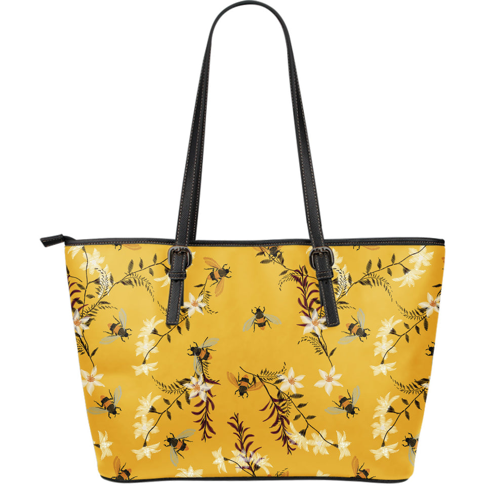 Bee Flower Pattern Large Leather Tote Bag