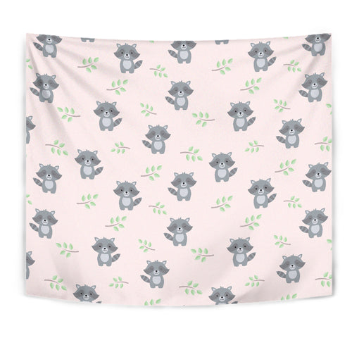 Cute Raccoons Leaves Pattern Wall Tapestry