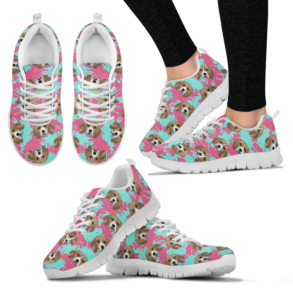 Beagle Muzzles Turquoise Paint Splashes Pink Pattern Women'S Sneaker Shoes