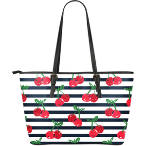 Hand Drawn Cherry Pattern Striped Background Large Leather Tote Bag