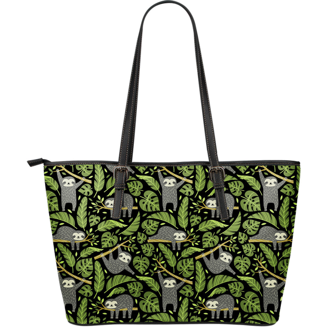 Cute Sloths Tropical Palm Leaves Black Background Large Leather Tote Bag