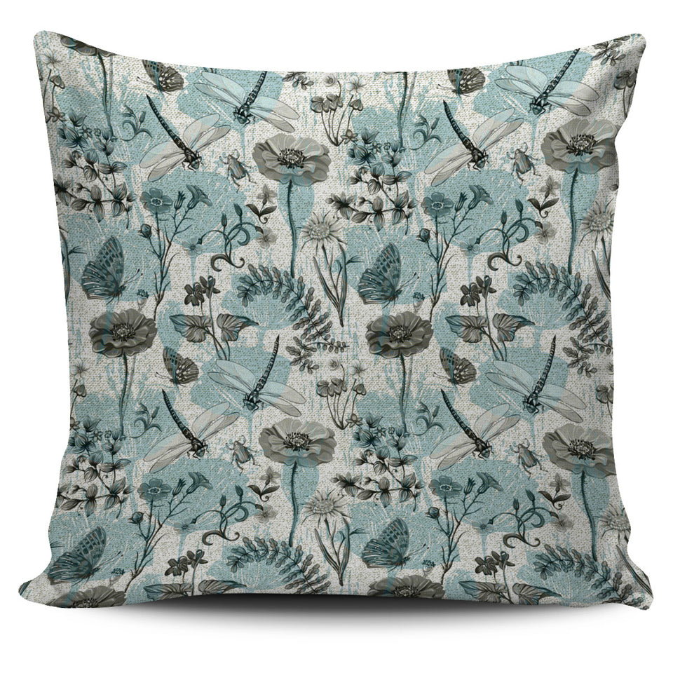 Dragonfly Butterfly Plants Insect Flower Vintage Style Pattern Pillow Cover