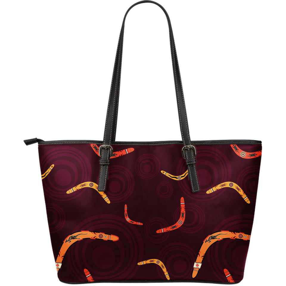 Boomerang Australian Aboriginal Ornament Circle Black Background Large Leather Tote Bag