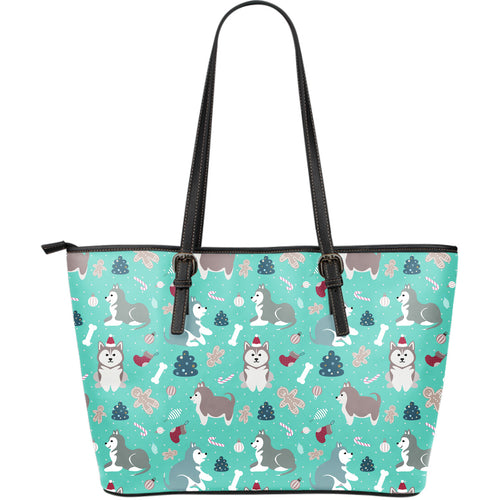 Christmas Cute Siberian Husky Puppie Pattern Large Leather Tote Bag