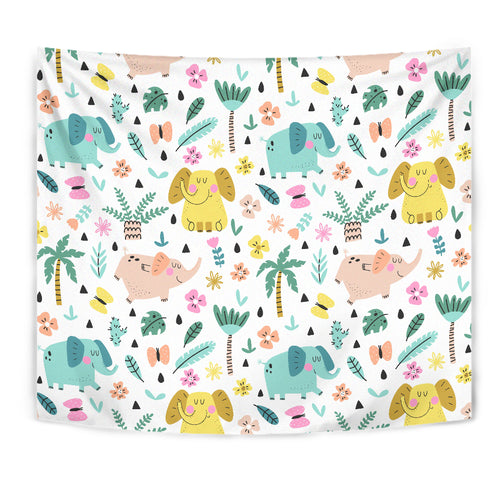 Cute Elephants Palm Tree Flower Butterfly Pattern Wall Tapestry