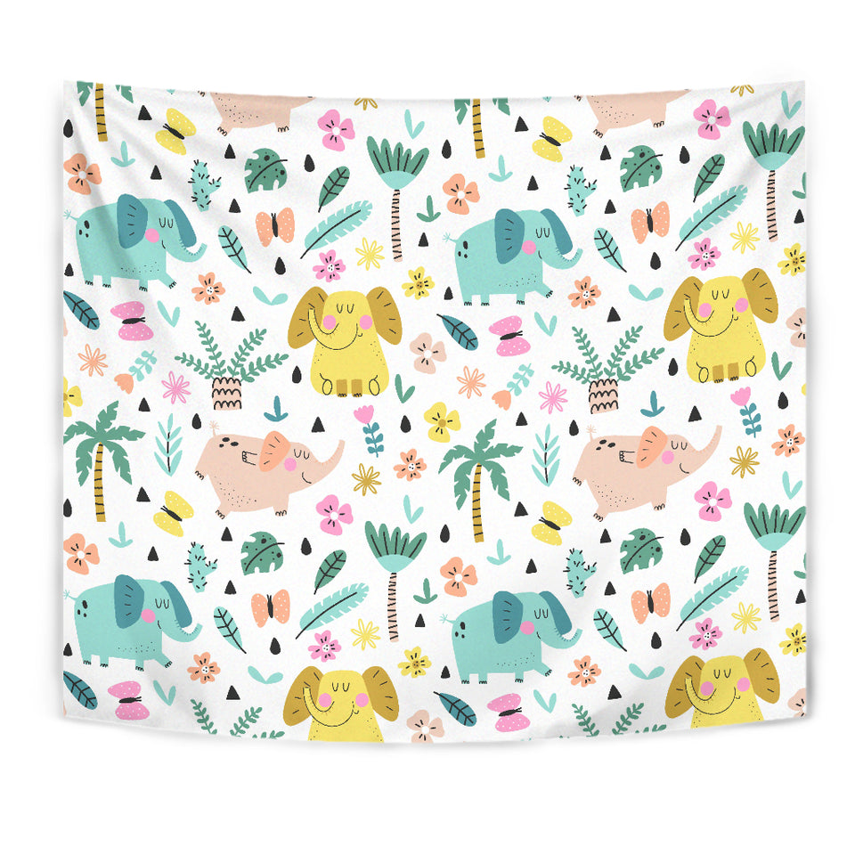 Cute Elephants Palm Tree Flower Butterfly Pattern Wall Tapestry