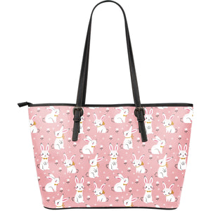 Cute White Rabbit Flower Pink Background Large Leather Tote Bag