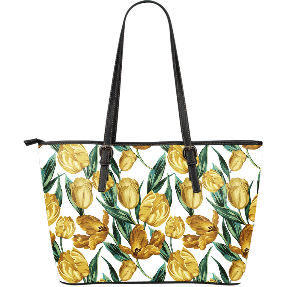 Yellow Tulips Pattern Large Leather Tote Bag