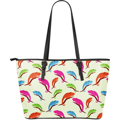 Colorful Chameleon Lizard Pattern Large Leather Tote Bag
