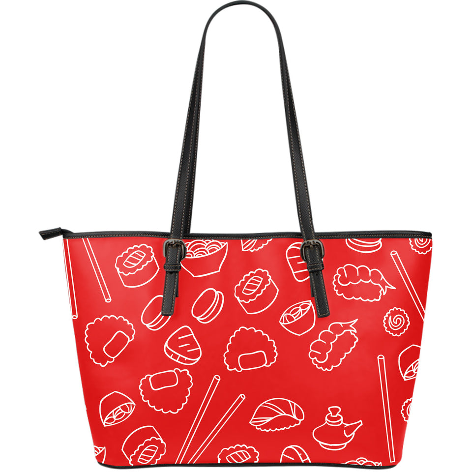 Sushi Pattern Red Background Large Leather Tote Bag