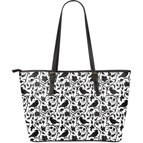 Crow Dark Floral Pattern Large Leather Tote Bag