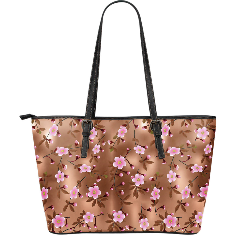 Pink Sakura Cherry Blossom Drak Brown Background Large Leather Tote Bag