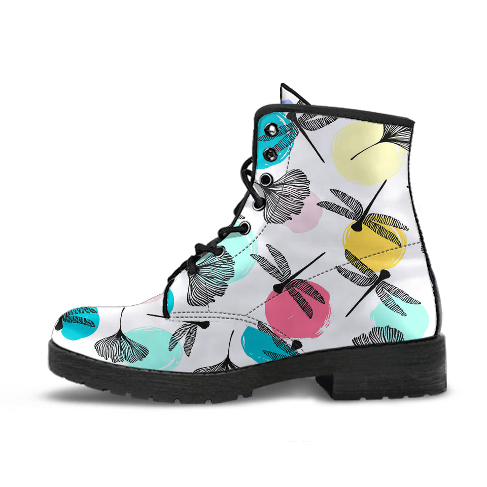 Dragonflies Ginkgo Leaves Pattern Leather Boots
