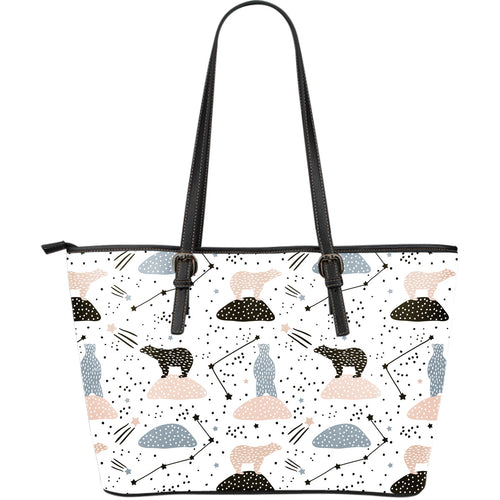 Polar Bears Star Poka Dot Pattern Large Leather Tote Bag