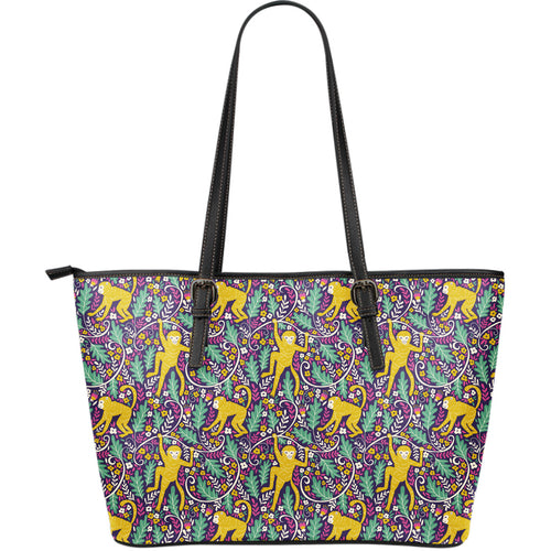 Cute Yellow Monkey Leaves Pattern Large Leather Tote Bag