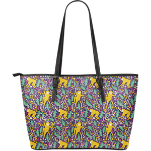 Cute Yellow Monkey Leaves Pattern Large Leather Tote Bag