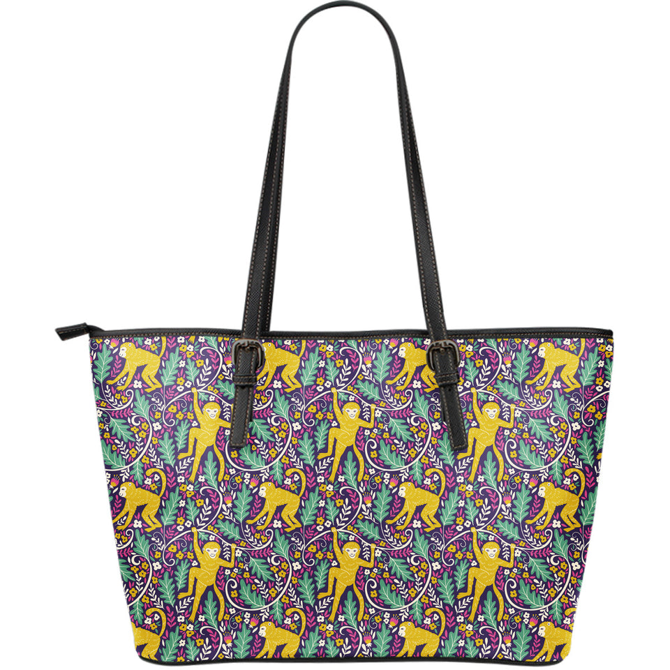 Cute Yellow Monkey Leaves Pattern Large Leather Tote Bag