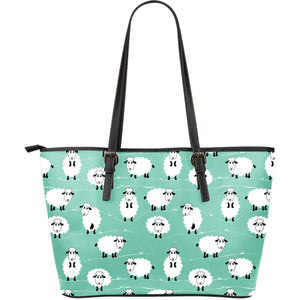 Cute Sheep Green Background Large Leather Tote Bag