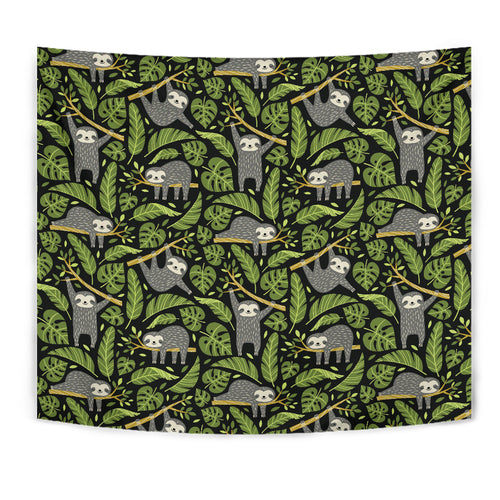 Cute Sloths Tropical Palm Leaves Black Background Wall Tapestry