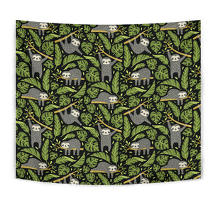Cute Sloths Tropical Palm Leaves Black Background Wall Tapestry