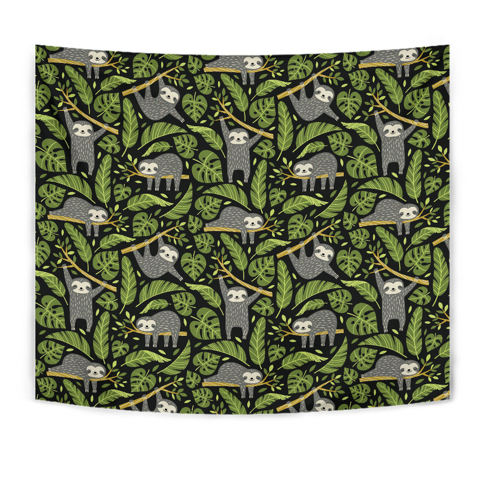 Cute Sloths Tropical Palm Leaves Black Background Wall Tapestry