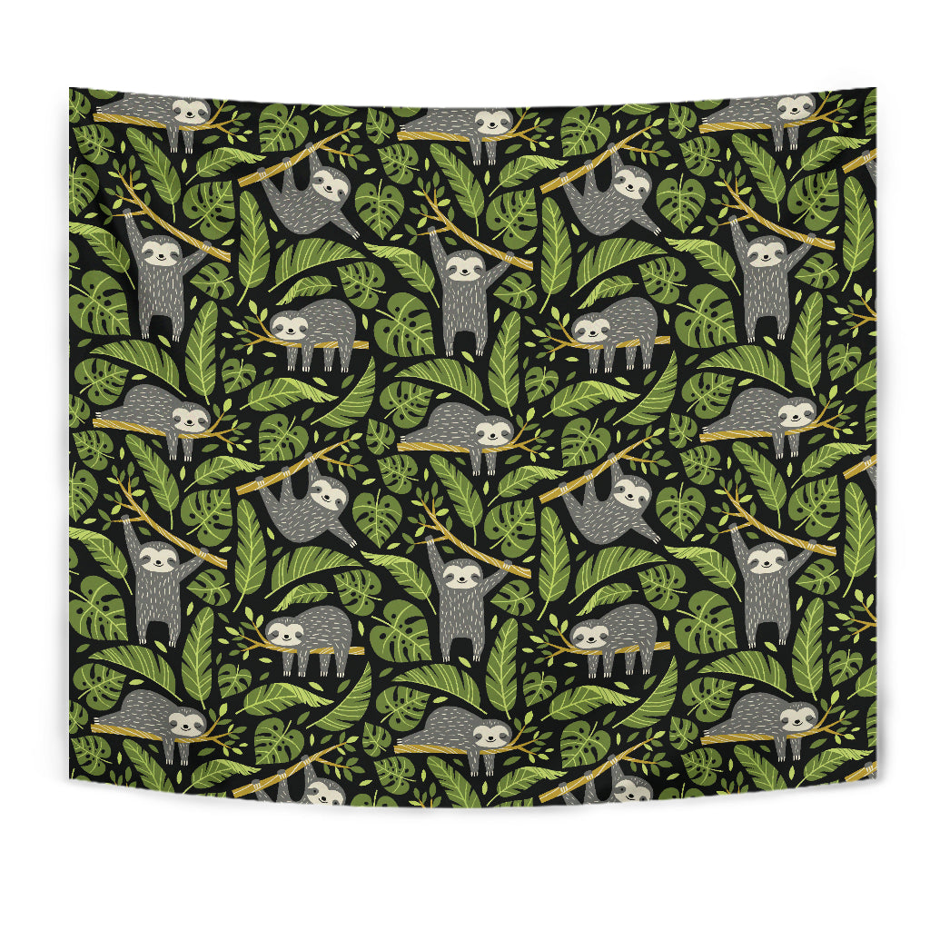 Cute Sloths Tropical Palm Leaves Black Background Wall Tapestry