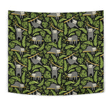 Cute Sloths Tropical Palm Leaves Black Background Wall Tapestry
