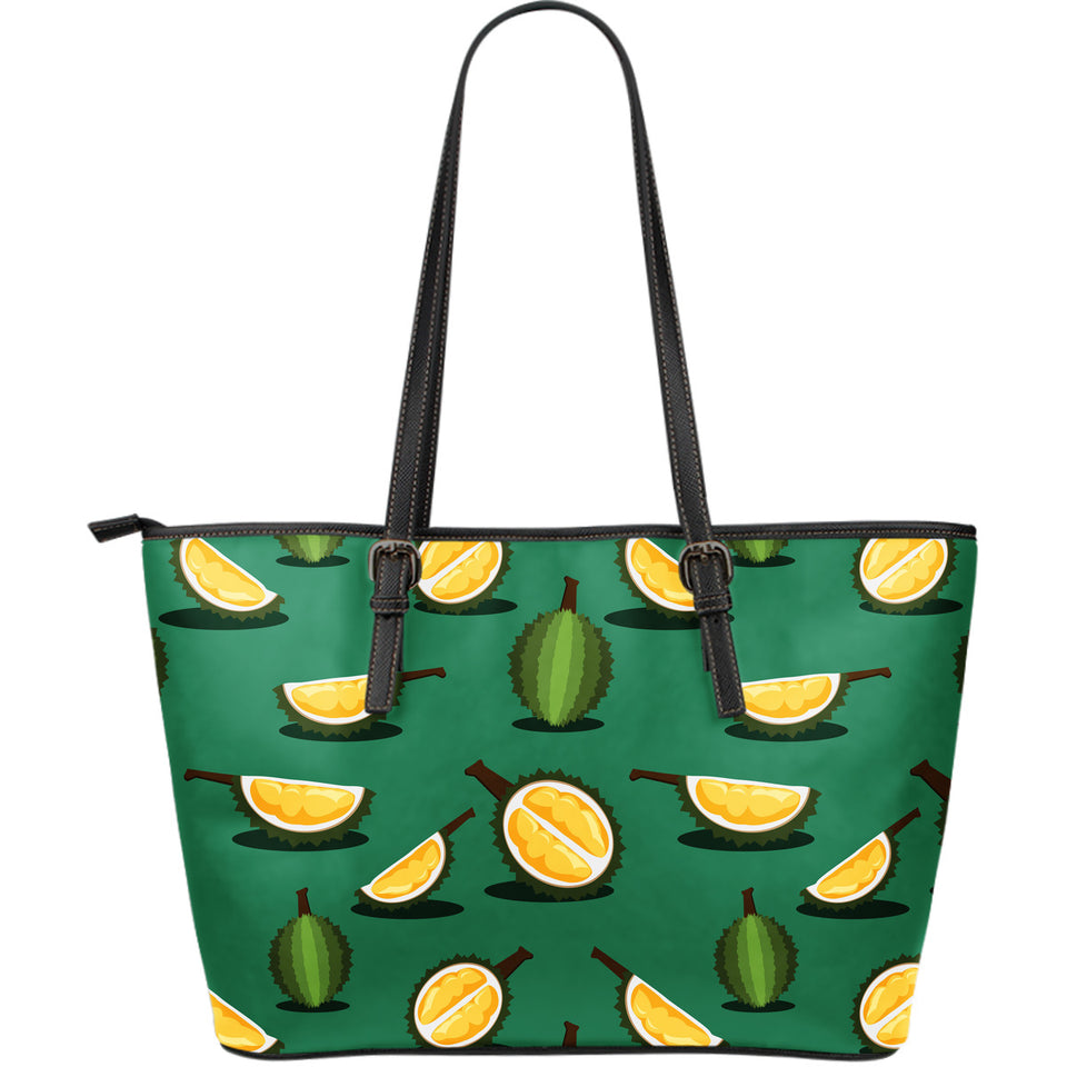 Durian Pattern Green Background Large Leather Tote Bag