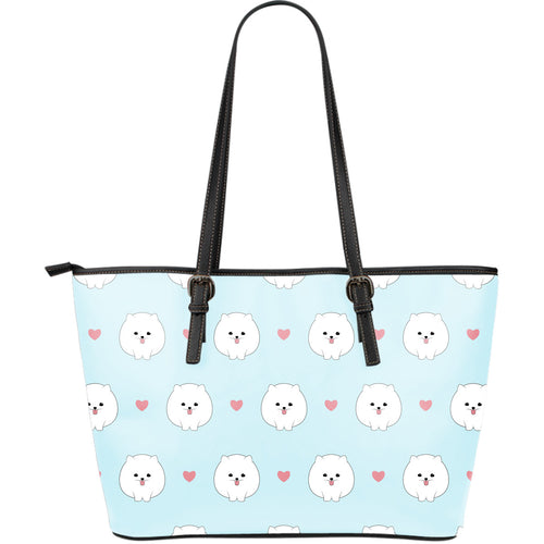White Cute Pomeranian Pattern Large Leather Tote Bag