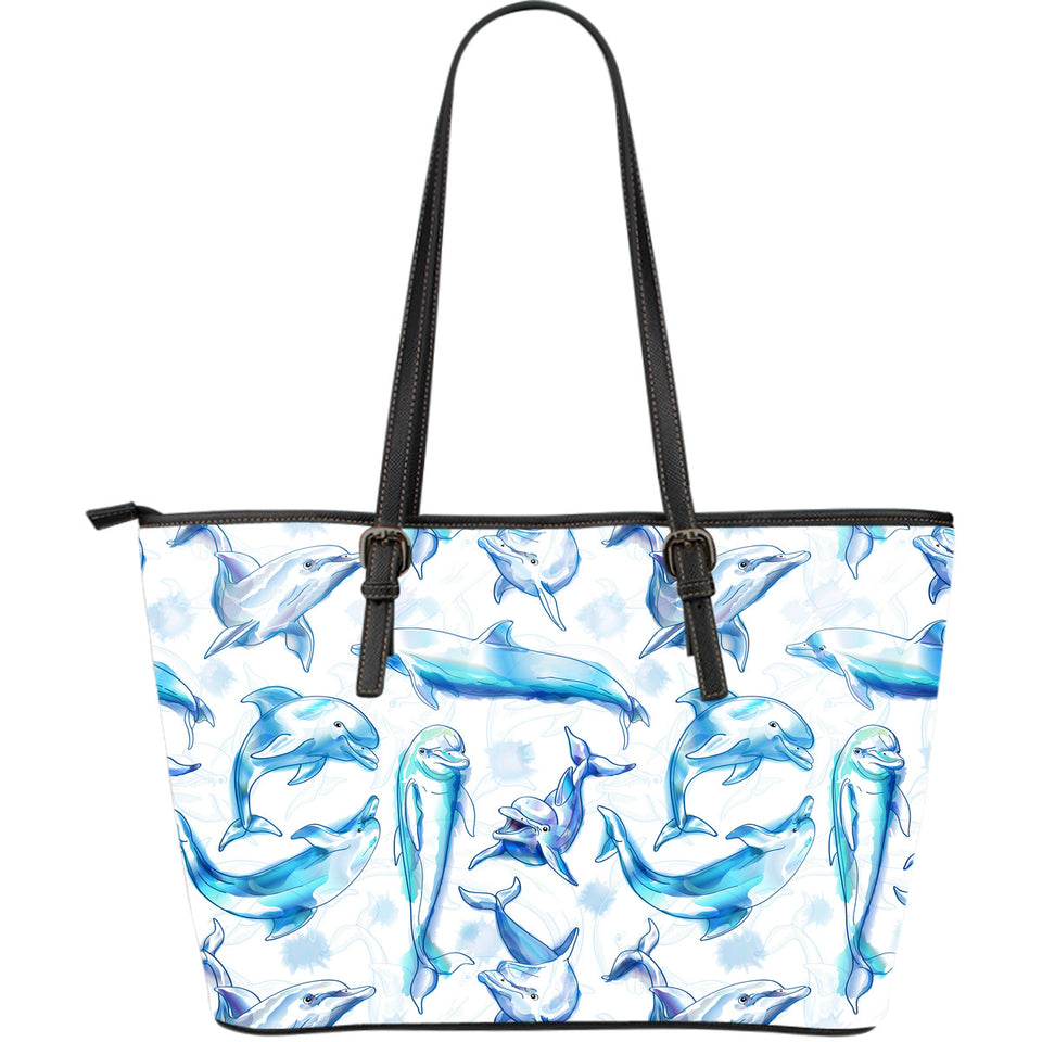 Watercolor Dolphin Pattern Large Leather Tote Bag