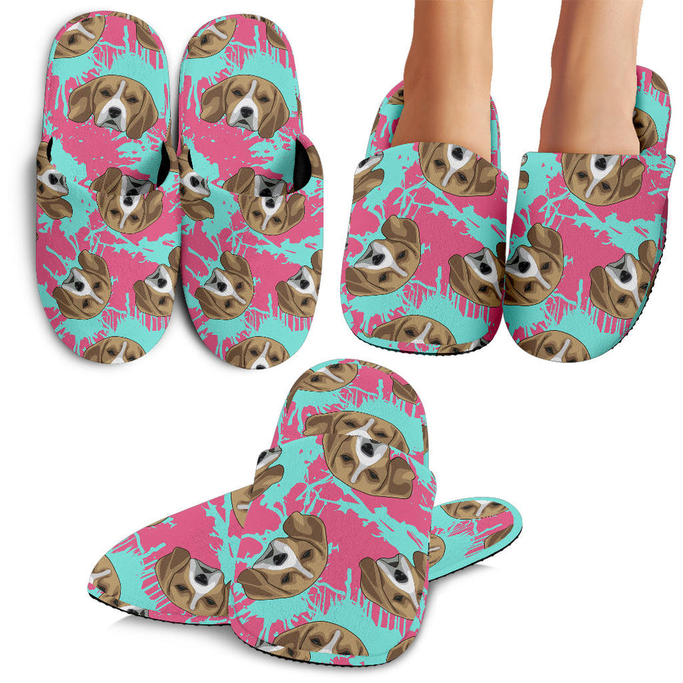 Beagle Muzzles Turquoise Paint Splashes Pink Pattern Slippers