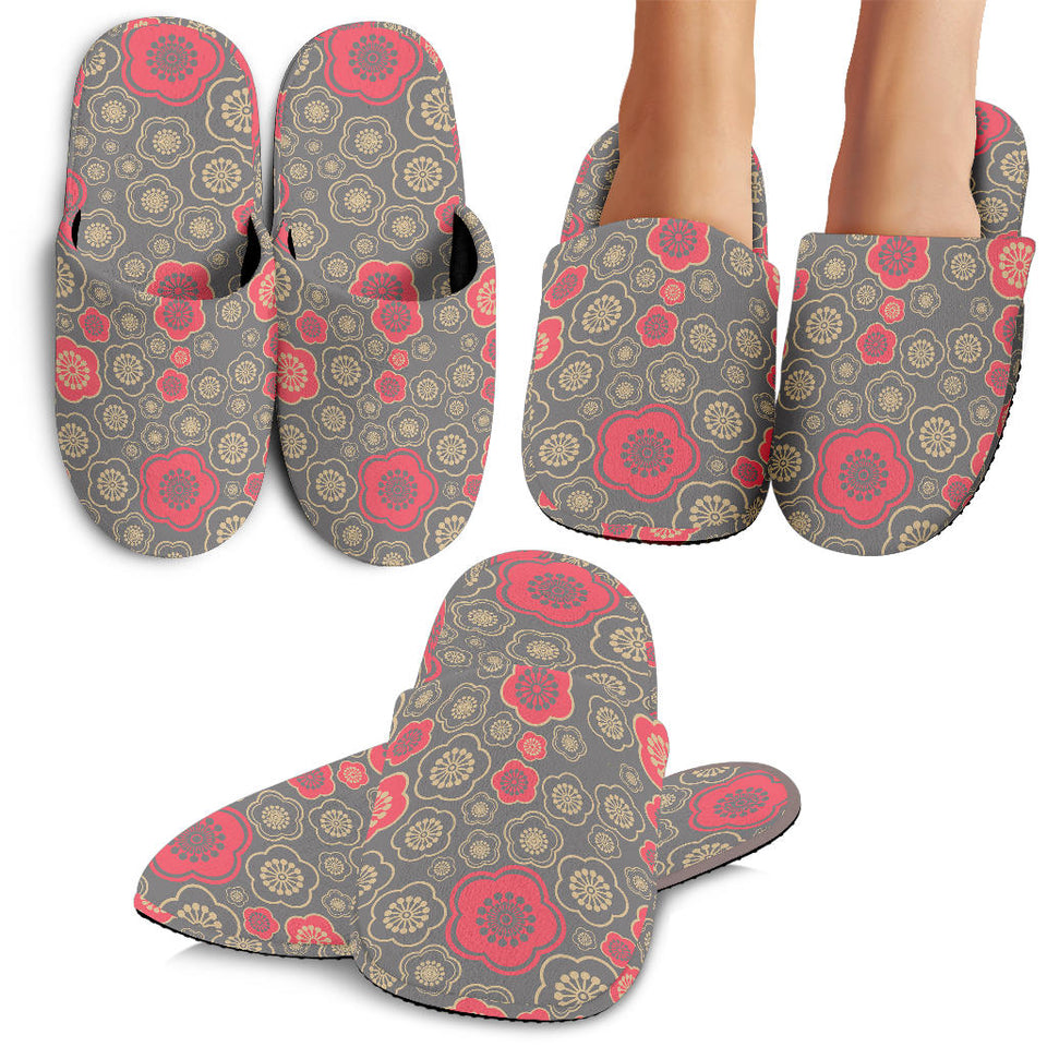 Red Gold Sakura Cherry Blossom Gray Background Slippers
