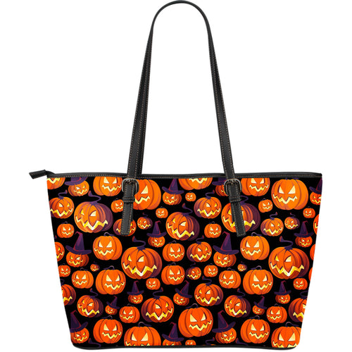Halloween Pumpkin Pattern Large Leather Tote Bag