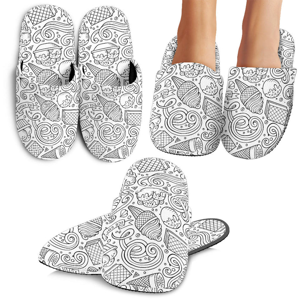 Cartoon Hand Drawn Ice Cream Black White Slippers