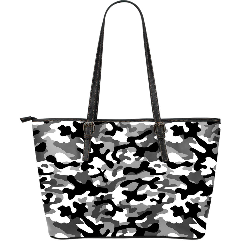 Black White Camo Camouflage Pattern Large Leather Tote Bag