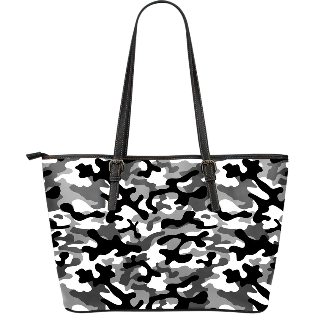 Black White Camo Camouflage Pattern Large Leather Tote Bag