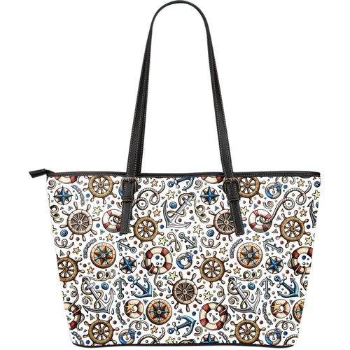 Cute Nautical Steering Wheel Anchor Pattern Large Leather Tote Bag