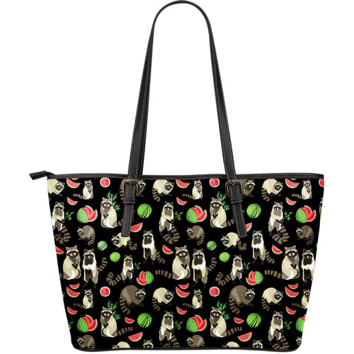 Raccoon Watermelon Pattern Large Leather Tote Bag